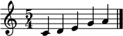 
{
   <<
   \relative c' {
      \set Staff.midiInstrument = "slap bass 2"
      \time 5/4
      \transposition c'
        c d e g a
        \bar "|."
      }
   >>
}
