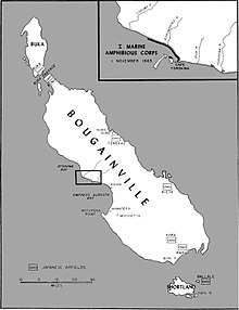 Bougainville hat japán repülőterének elhelyezkedése és a partraszállásra kijelölt Torokina-fok környezete