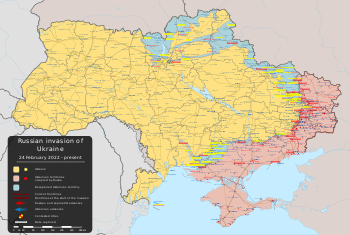 Az ukrajnai háború helyzete      Ukrán irányítás alatt      Oroszország és oroszbarát szeparatisták által megszállt ukrán területek      Visszafoglalt ukrán területek