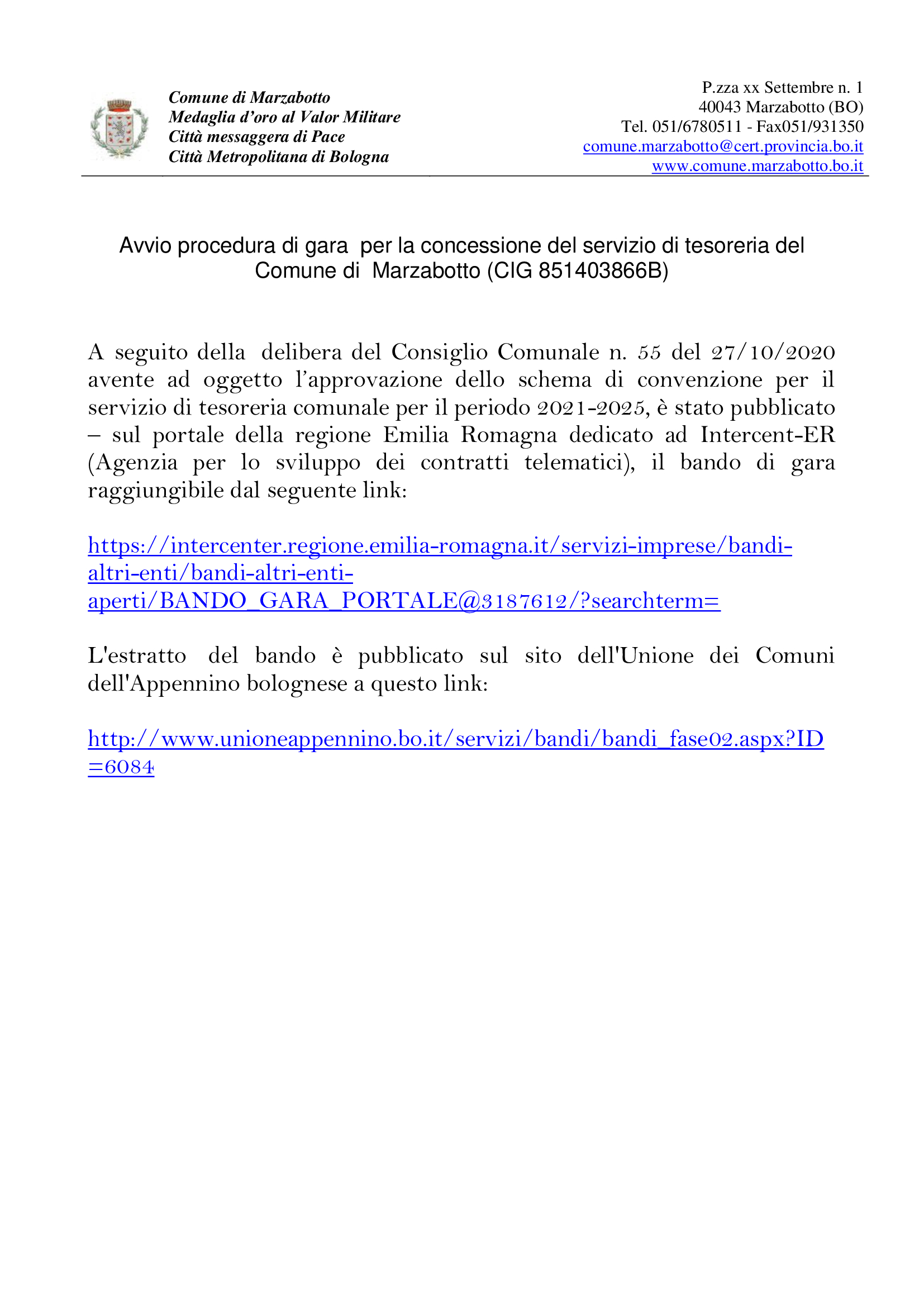 INDIZIONE GARA D’APPALTO PER LA CONCESSIONE DEL  SERVIZIO DI TESORERIA COMUNALE PERIODO 2021-2025