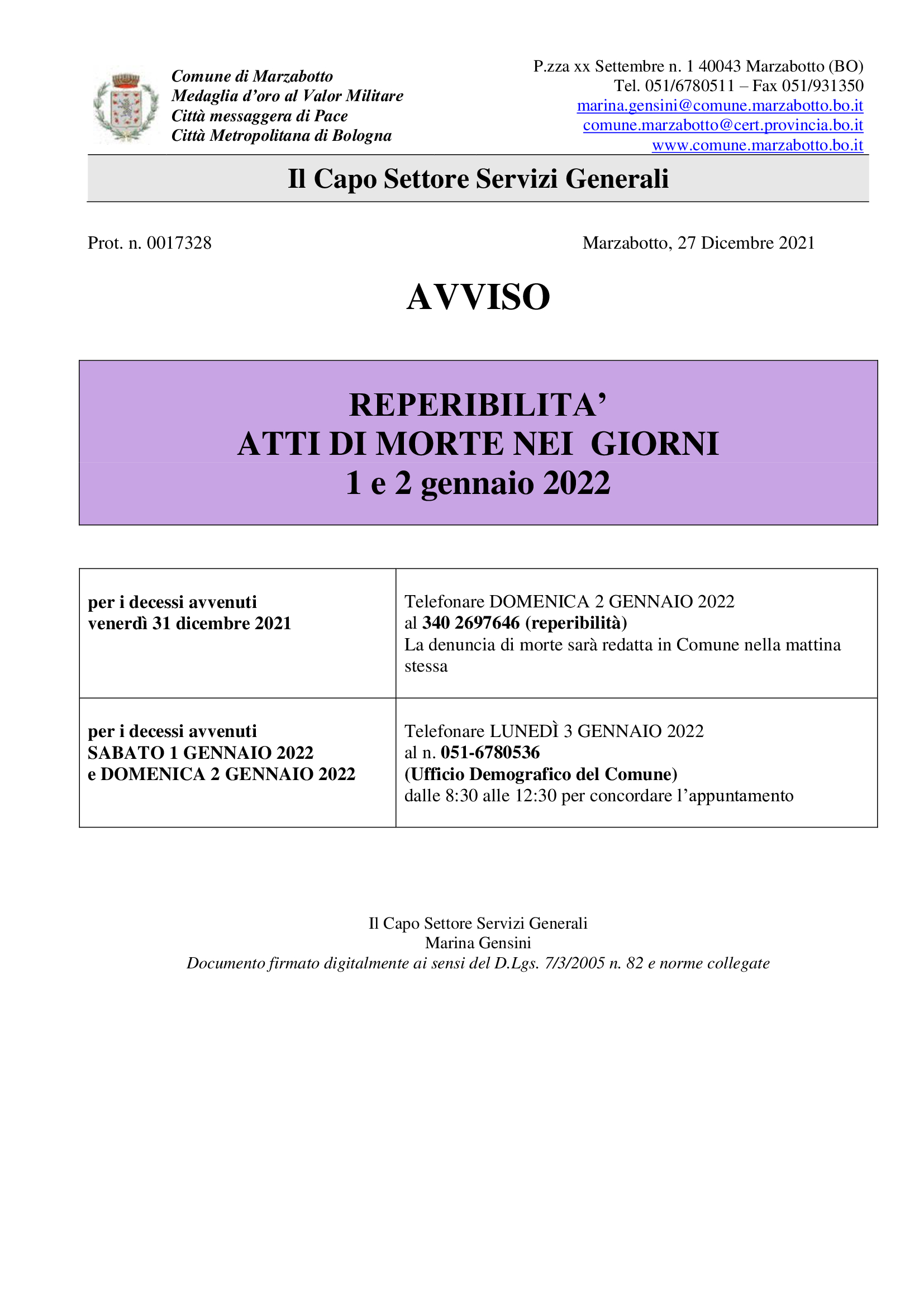 AVVISO REPERIBILITA’ ATTI MORTE