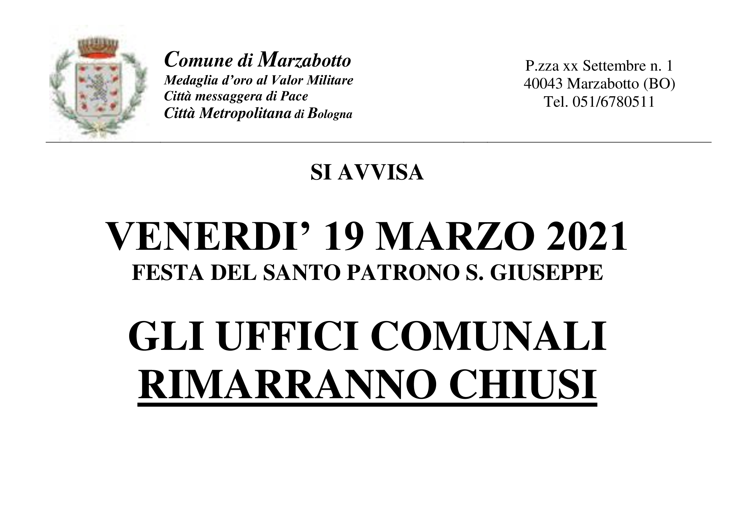 CHIUSURA UFFICI PER FESTIVITA PATRONO