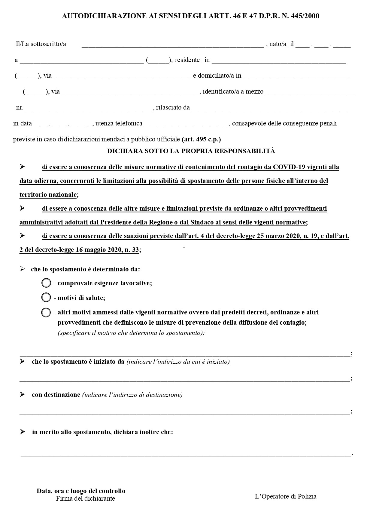 AUTODICHIARAZIONE AI SENSI DEGLI ARTT. 46 E 47 D.P.R. N. 445/2000
