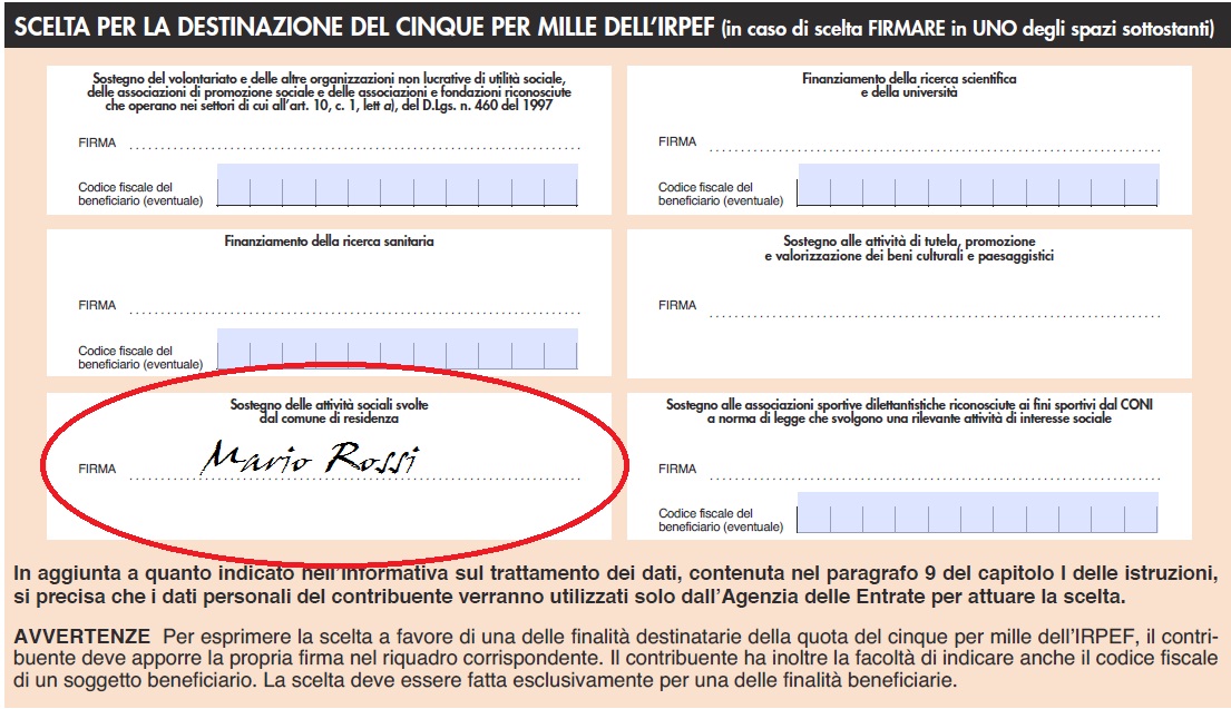 cinque per mille scheda